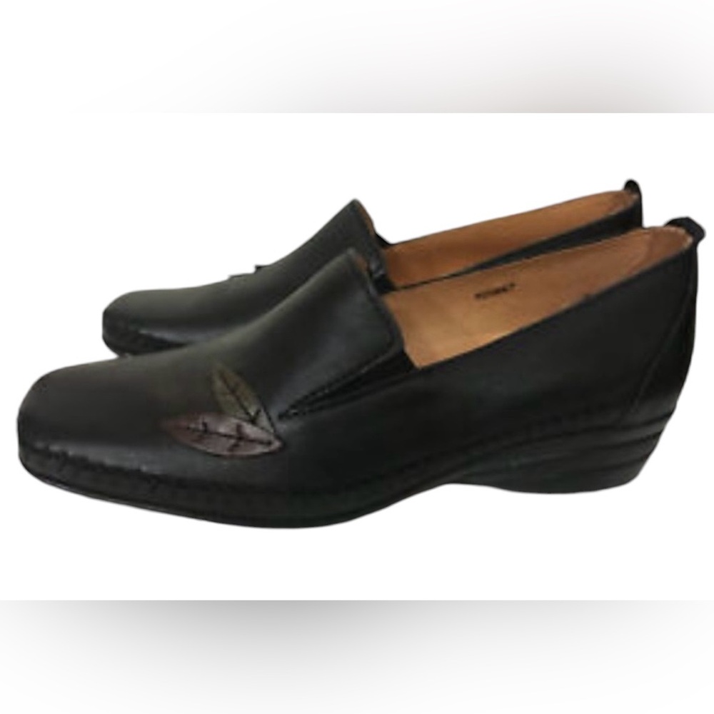 Spring Step Women Black Leather Leaf Leaves Wedge Kismet Loafers Sz 38 US 7.5-8